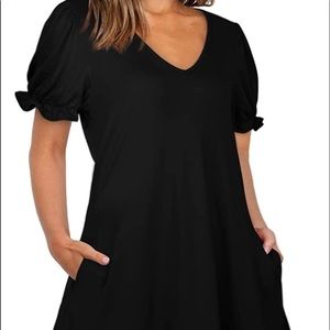 Casual V-neck black midi black dress with puffy sleeves and pockets! Size XL.